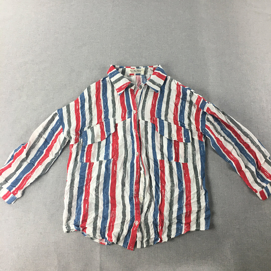 Tian Mu Collections Womens Shirt Size M White Blue Red Striped Button-Up Top