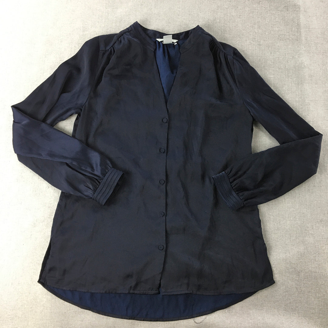 H&M Womens Shirt Size 8 Navy Blue Long Sleeve Button-Up