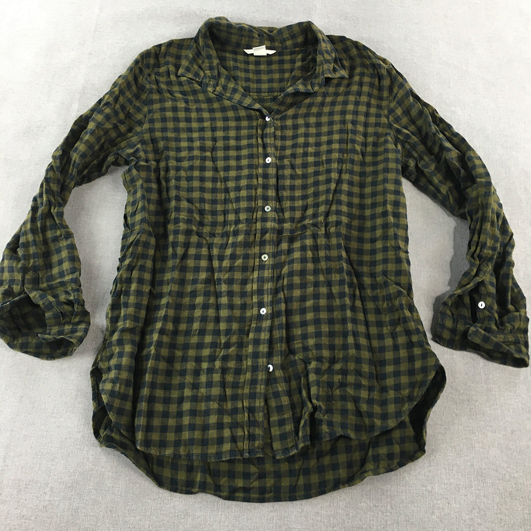 H&M Womens Flannel Shirt Size 10 Green Blue Checkered Long Sleeve Button-Up