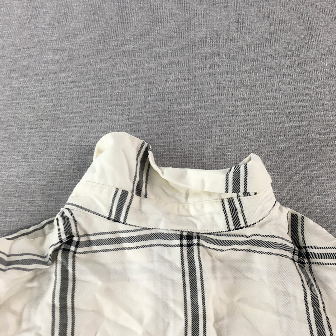 H&M Womens Top Size 4 White Checkered Long Sleeve Button-Up Shirt