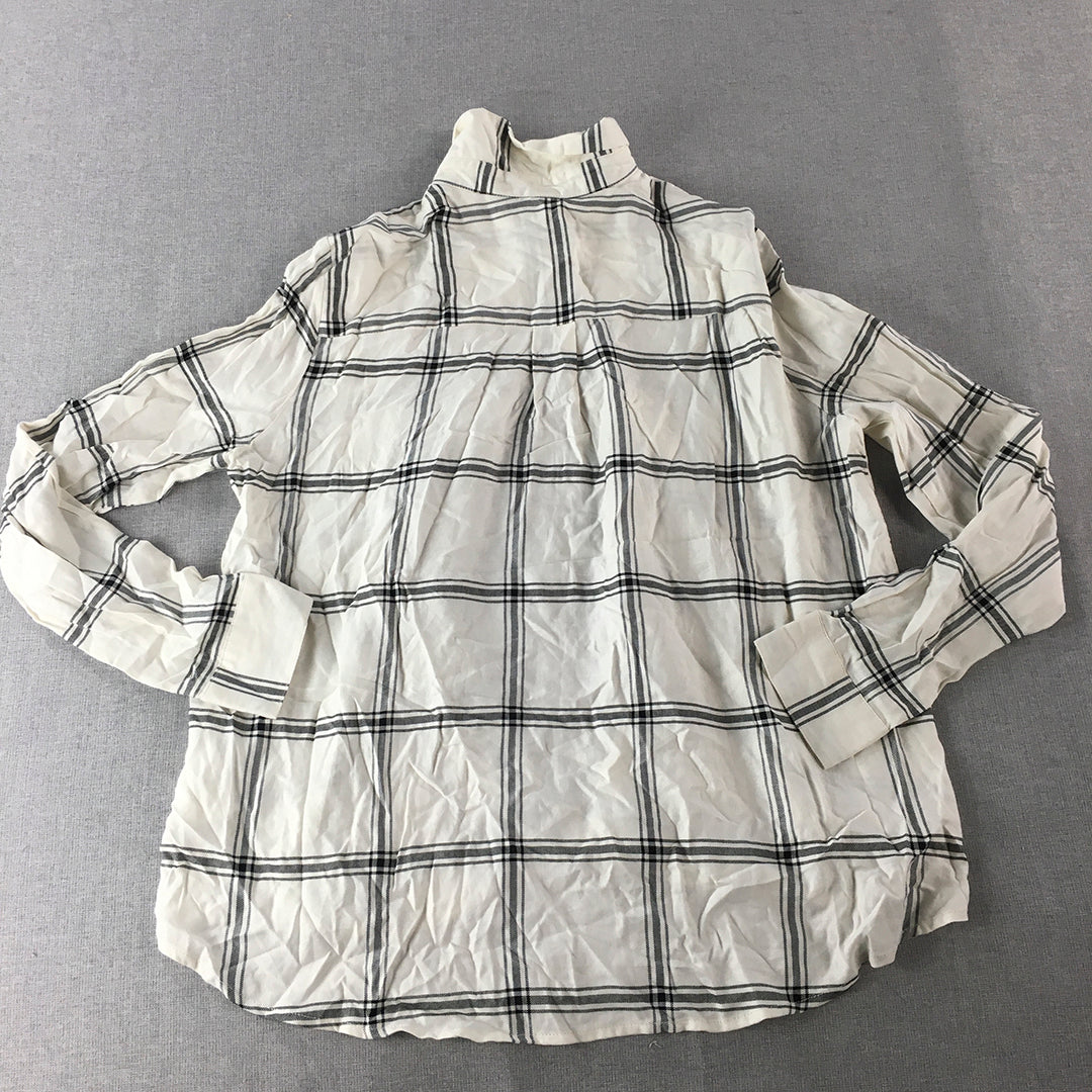 H&M Womens Top Size 4 White Checkered Long Sleeve Button-Up Shirt