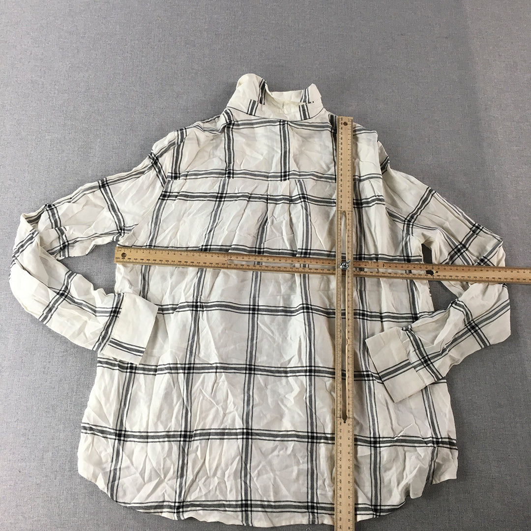 H&M Womens Top Size 4 White Checkered Long Sleeve Button-Up Shirt