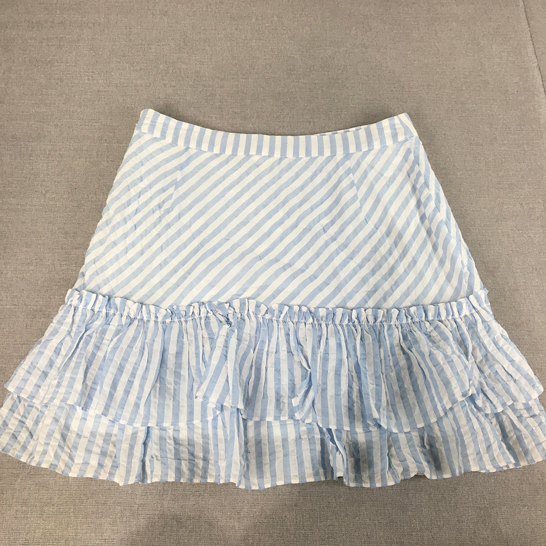 H&M Womens Mini Skirt Size 10 US (AU 14) White Blue Striped Frilled A-Line