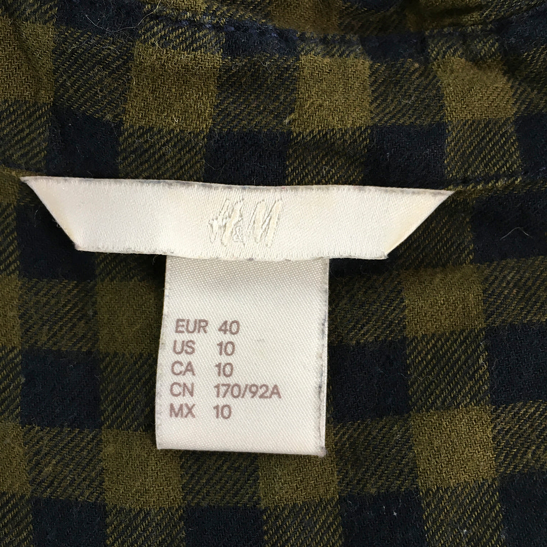 H&M Womens Flannel Shirt Size 10 Green Blue Checkered Long Sleeve Button-Up