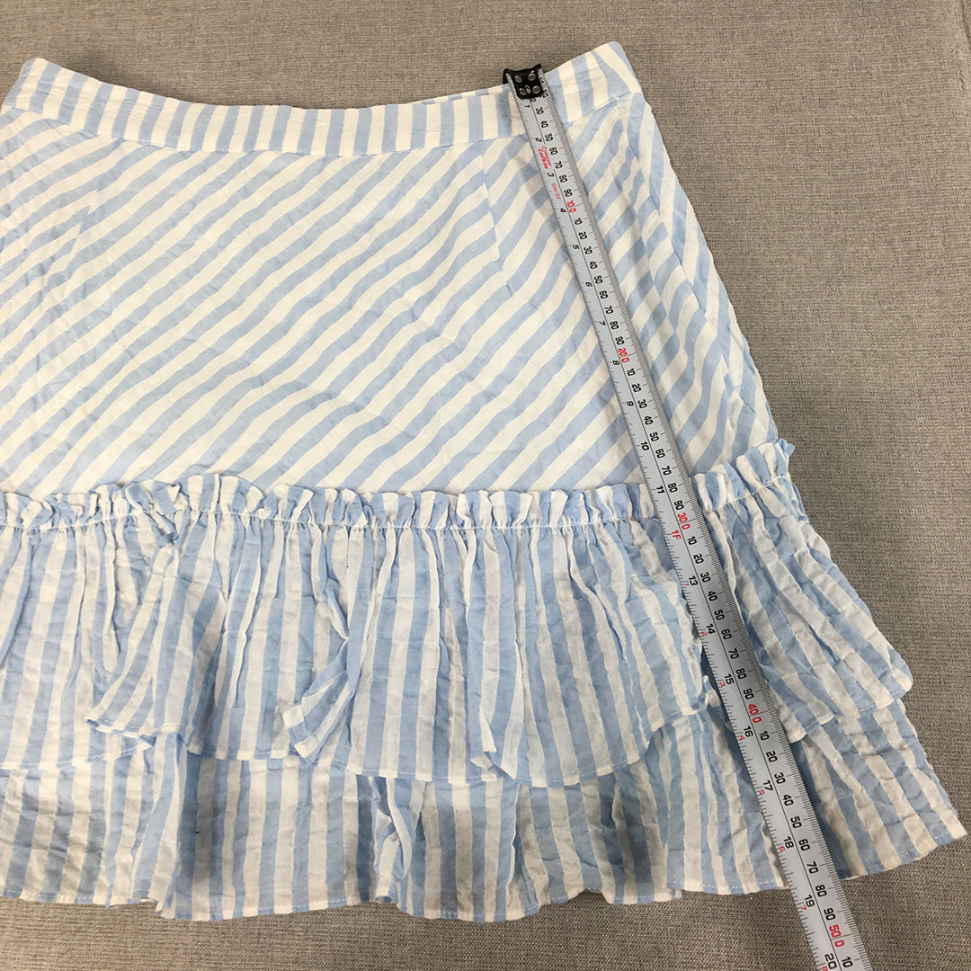 H&M Womens Mini Skirt Size 10 US (AU 14) White Blue Striped Frilled A-Line