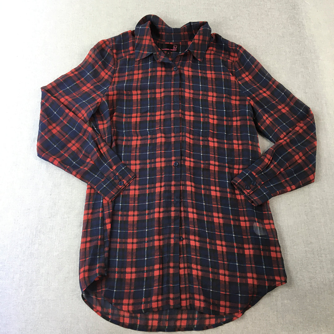 Material World Womens Shirt Size 8 Red Blue Checkered Button-Up Collared