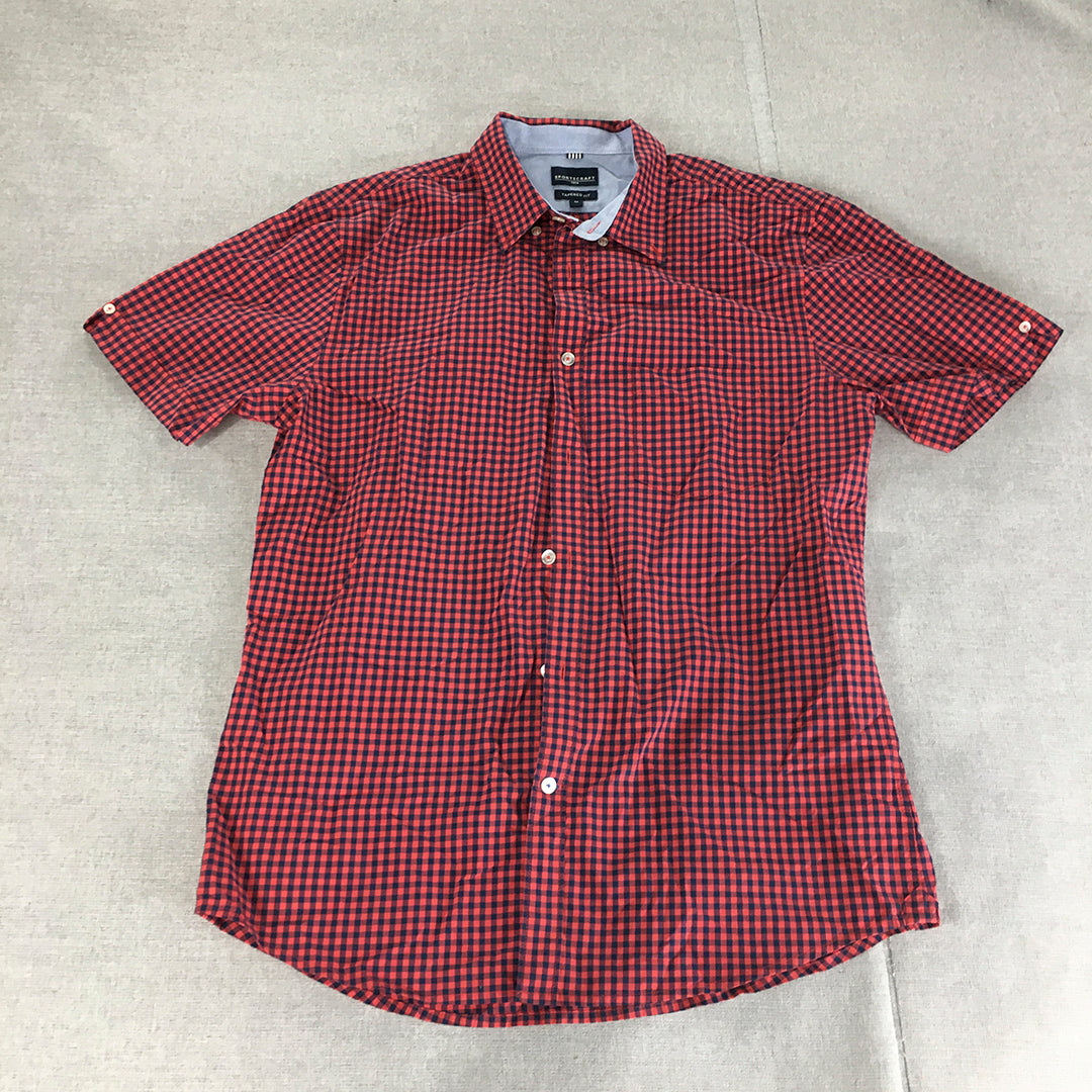 Sportscraft Mens Shirt Size M Red Checkered Tapered Fit Short Sleeve Button-Up