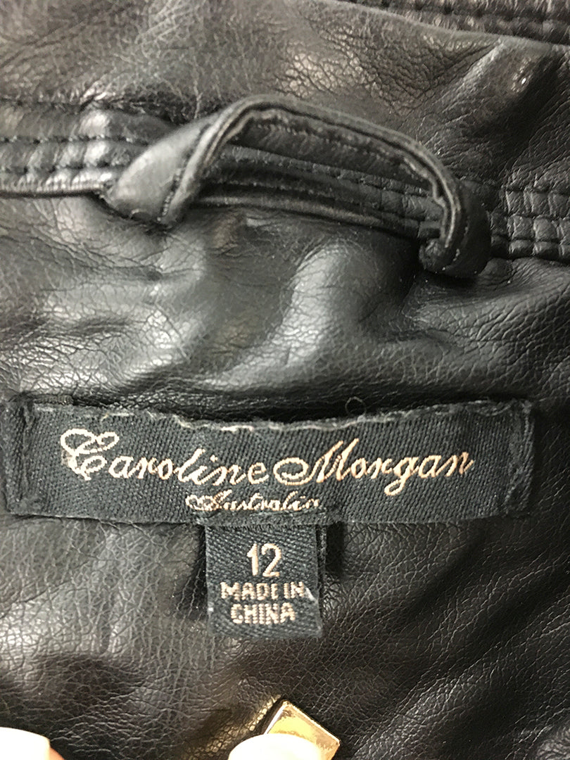 Caroline Morgan Womens Faux Leather Jacket Size 12 Black Zip-Up Pockets