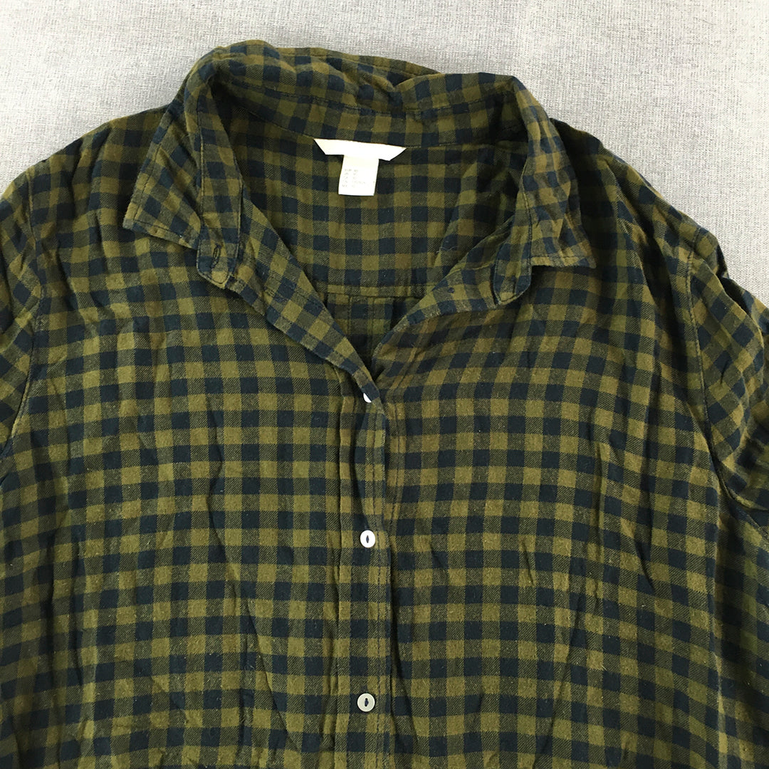 H&M Womens Flannel Shirt Size 10 Green Blue Checkered Long Sleeve Button-Up