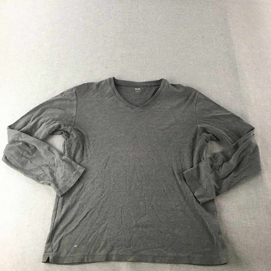 Uniqlo Mens Shirt Size M Grey V-Neck Long Sleeve Pullover Shirt