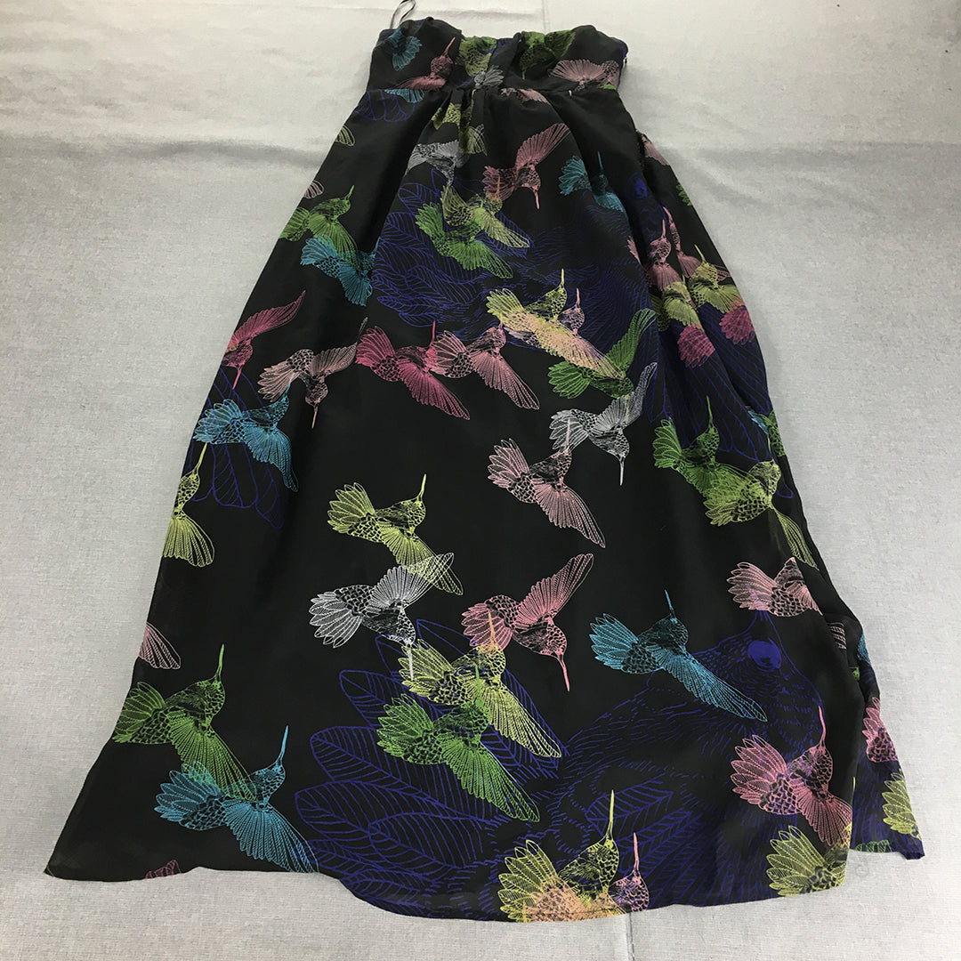 Barkins Womens Maxi Dress Size 12 Black Bird Pattern Strapless Full Length