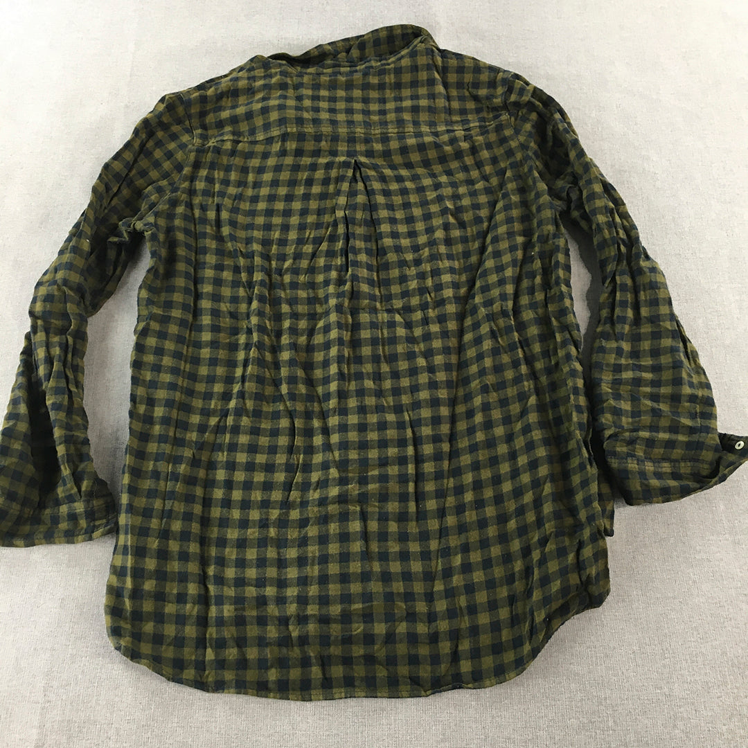 H&M Womens Flannel Shirt Size 10 Green Blue Checkered Long Sleeve Button-Up