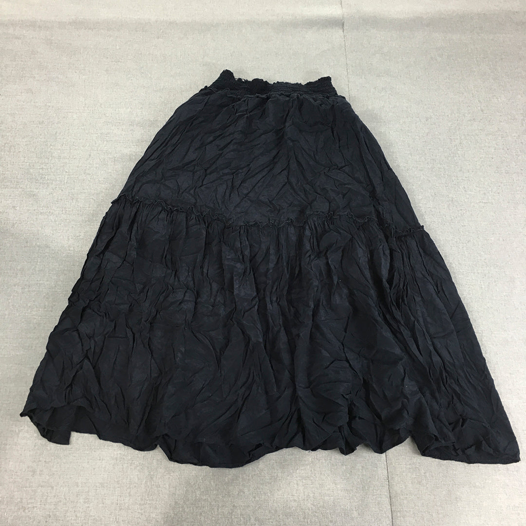 Basque Womens Maxi Skirt Size 10 Navy Blue Pleated A-Line Elastic Waist