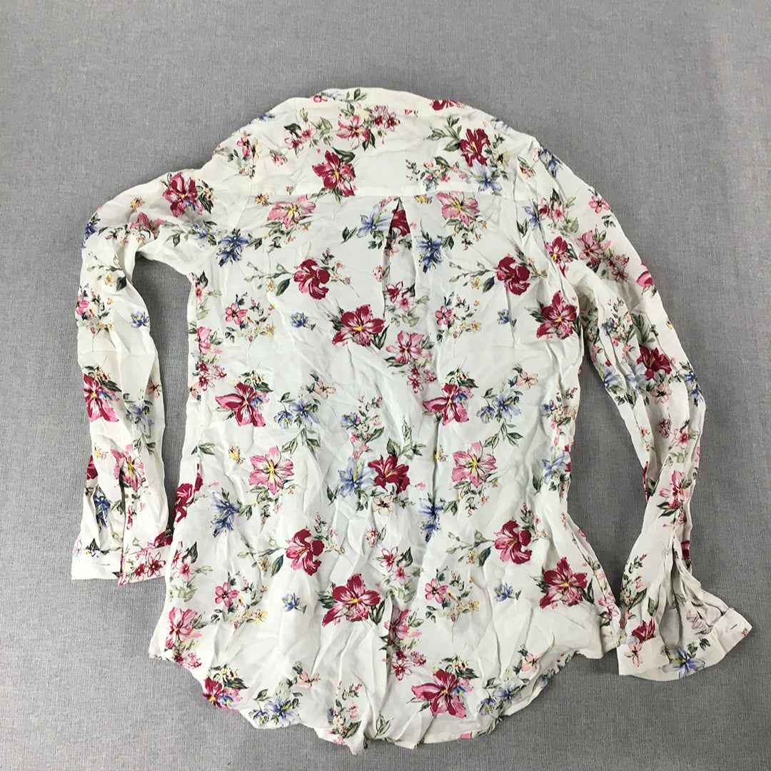 R&B Womens Shirt Size 8 AU White Floral Long Sleeve Button-Up Top