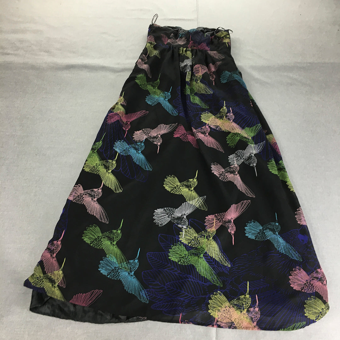 Barkins Womens Maxi Dress Size 12 Black Bird Pattern Strapless Full Length