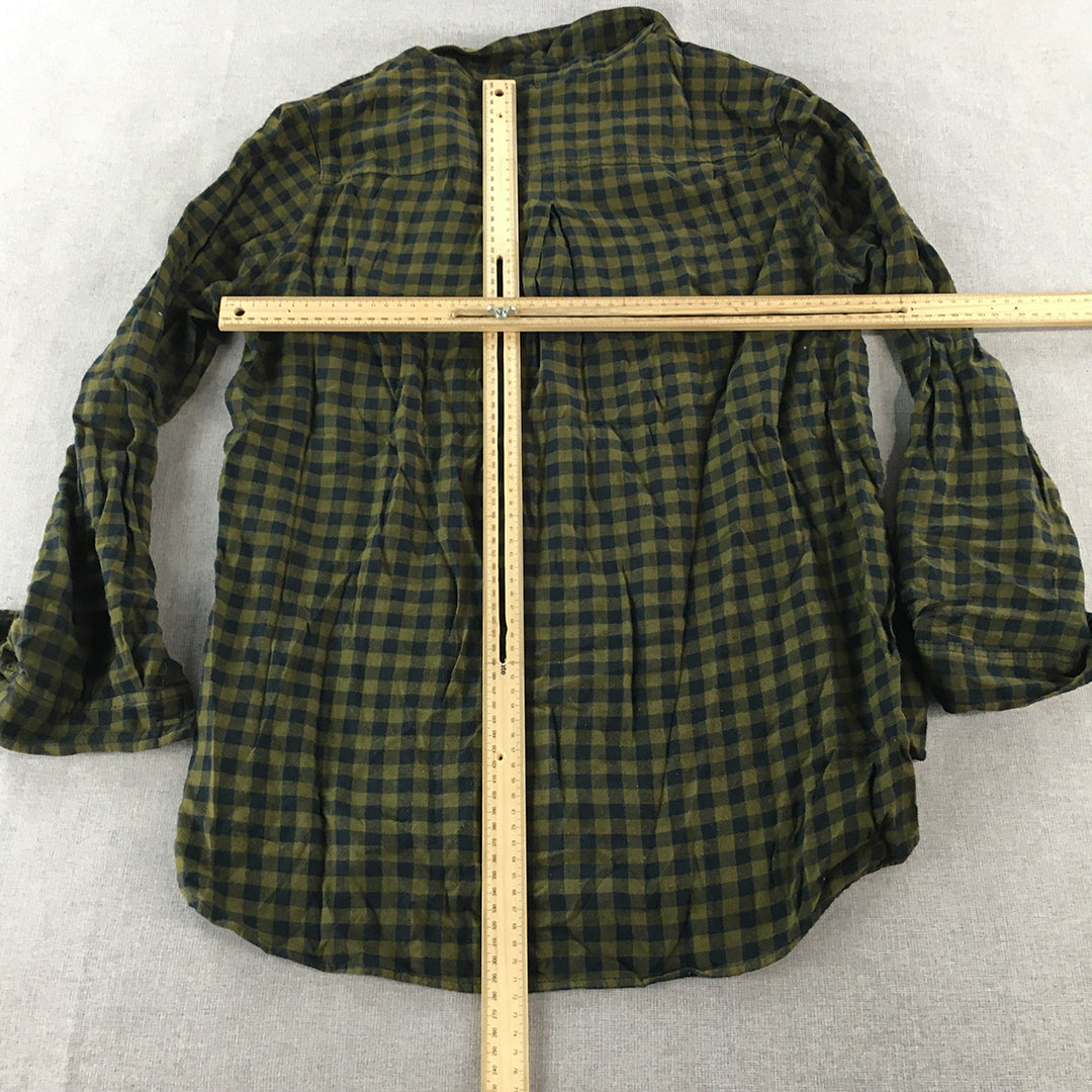 H&M Womens Flannel Shirt Size 10 Green Blue Checkered Long Sleeve Button-Up