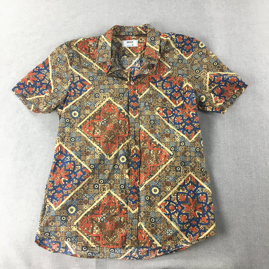 Maddox Mens Shirt Size M Brown Blue Orange Abstract Loud Button-Up Short Sleeve