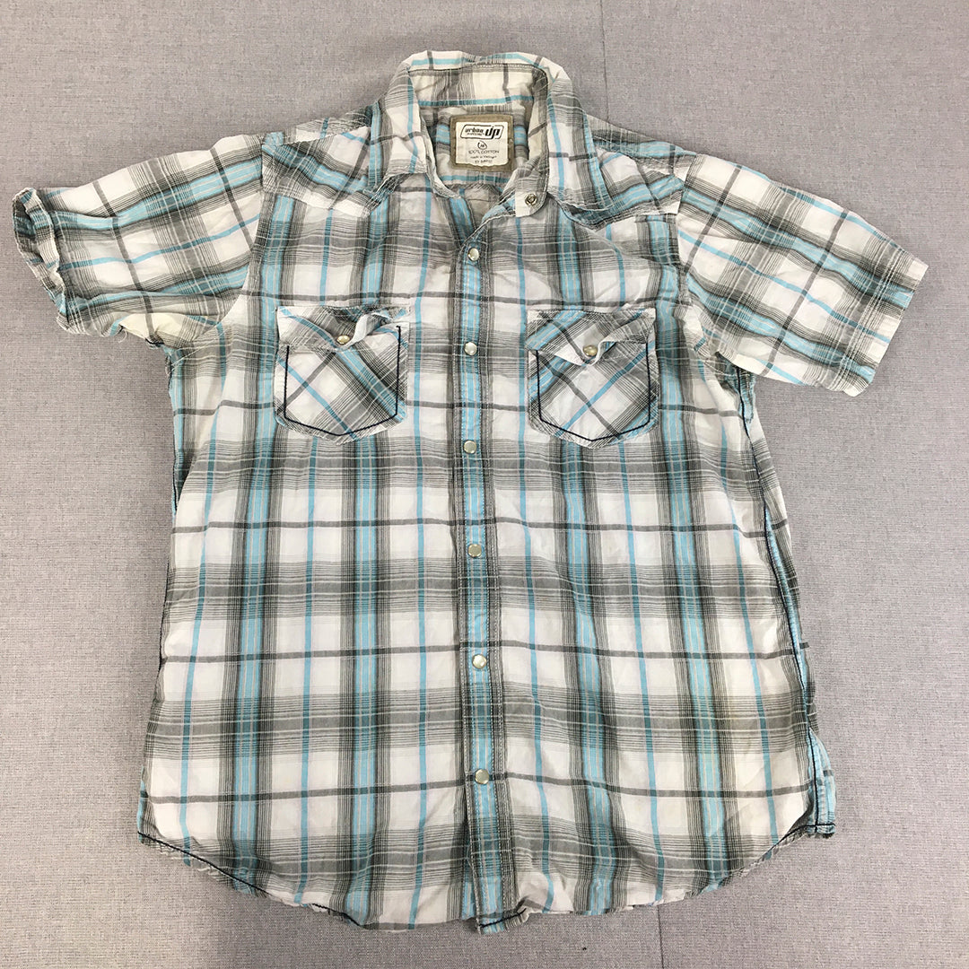 Urban Pipeline Mens Shirt Size M White Blue Checkered Pearl-Snap Pockets