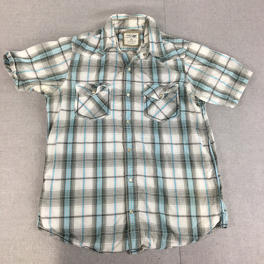 Urban Pipeline Mens Shirt Size M White Blue Checkered Pearl-Snap Pockets