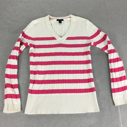 Tommy Hilfiger Womens Cable Knit Sweater Size L White Pink V-Neck Jumper