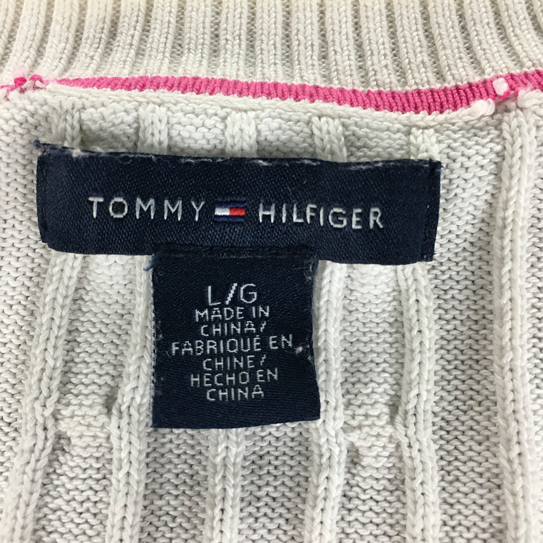 Tommy Hilfiger Womens Cable Knit Sweater Size L White Pink V-Neck Jumper