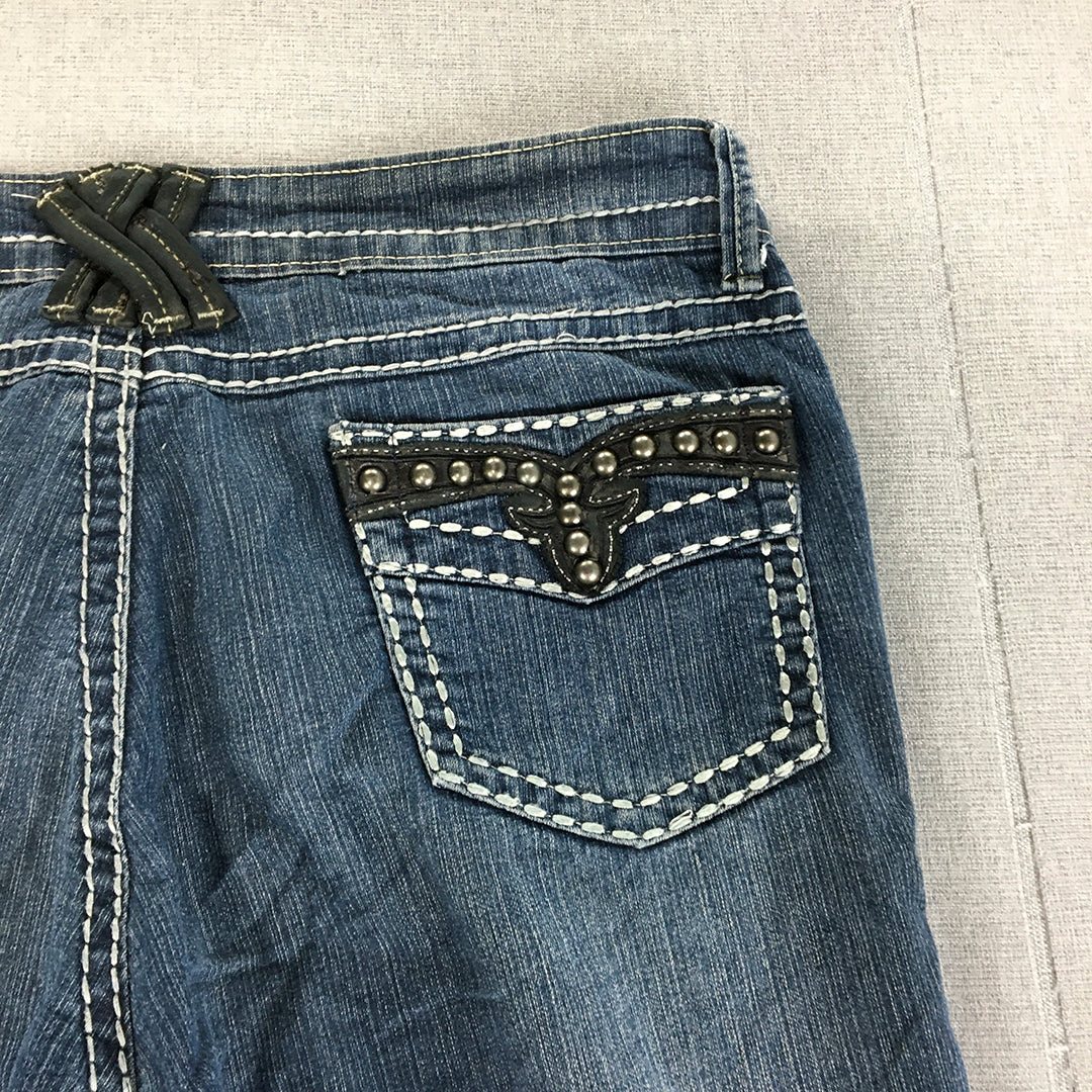 Queenspark Womens Jeans Size 12 Blue Studded Embellished Straight Leg