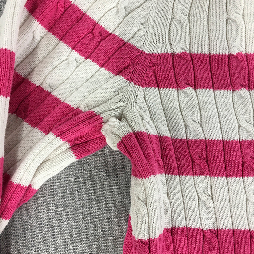 Tommy Hilfiger Womens Cable Knit Sweater Size L White Pink V-Neck Jumper