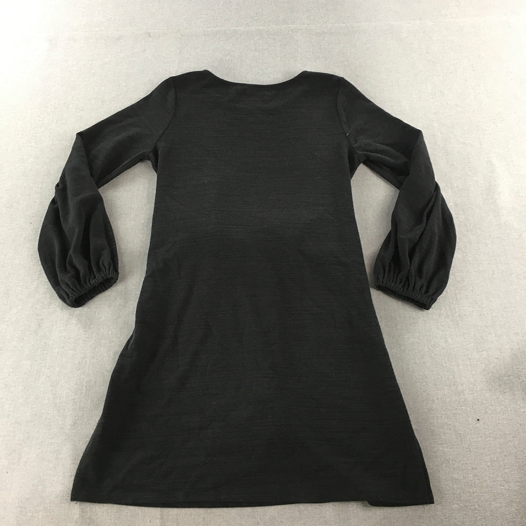 Sunny Girl Womens Dress Size 12 Black Long Sleeve Belted Fit Flare Midi