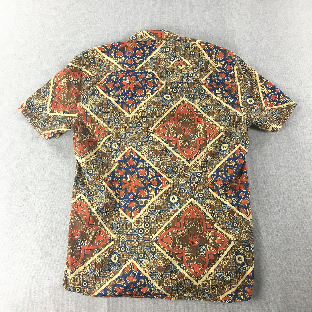 Maddox Mens Shirt Size M Brown Blue Orange Abstract Loud Button-Up Short Sleeve