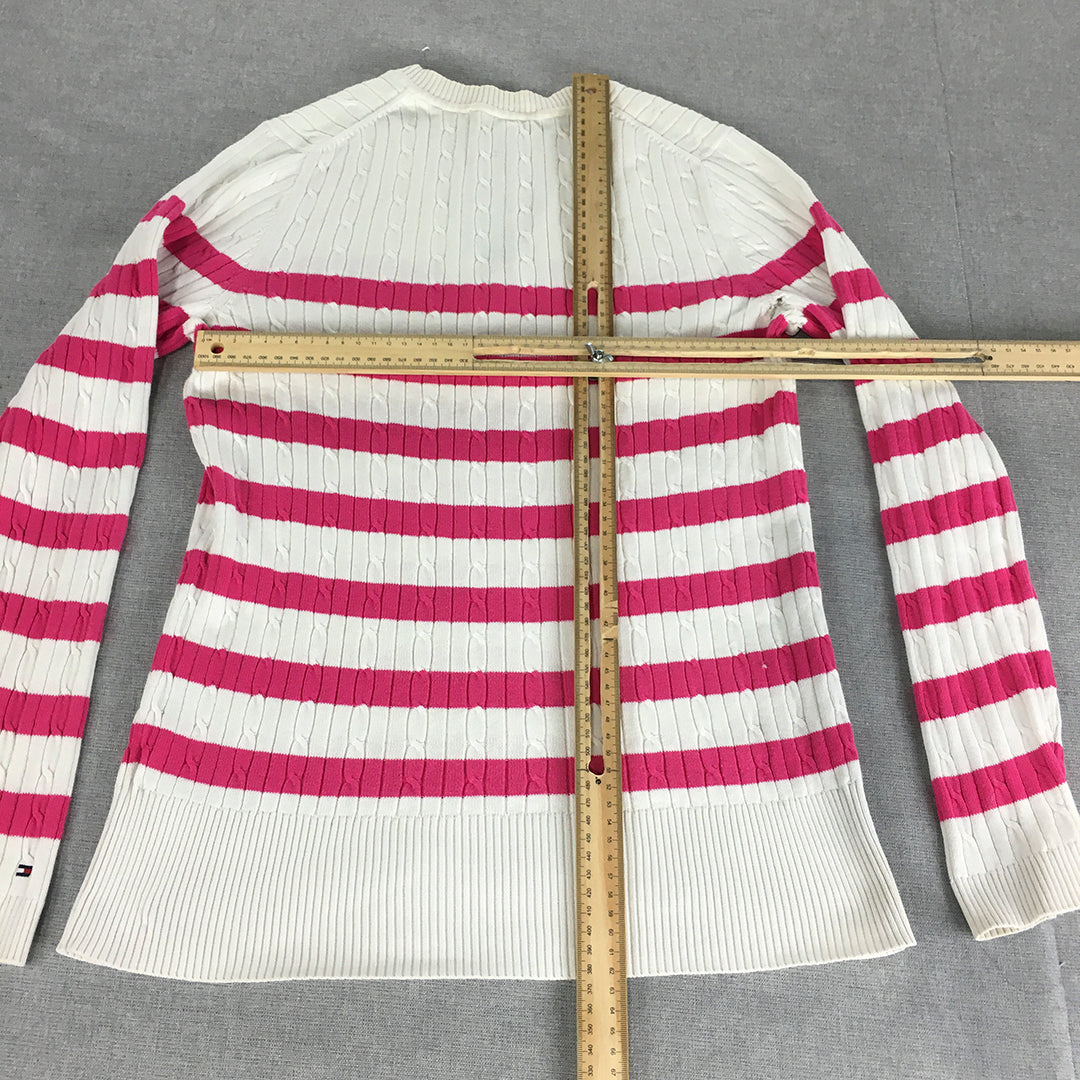 Tommy Hilfiger Womens Cable Knit Sweater Size L White Pink V-Neck Jumper