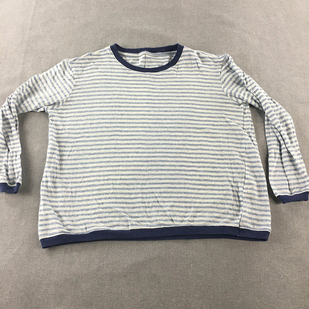 Daf Fo Dil Womens 100% Linen Sweater Size L White Blue Striped Crew Neck Jumper