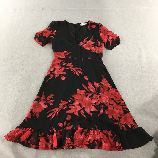 My Girl Womens Dress Size 8 Black Red Floral Fit & Flare Short Sleeve Midi