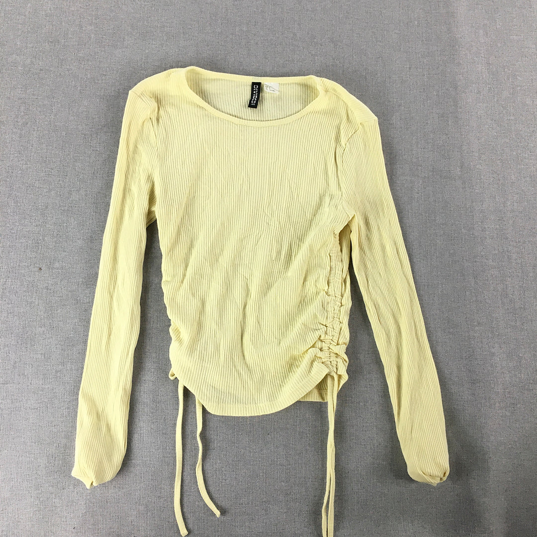 H&M Womens Knit Top Size S Yellow Ruched Stretch Long Sleeve Shirt