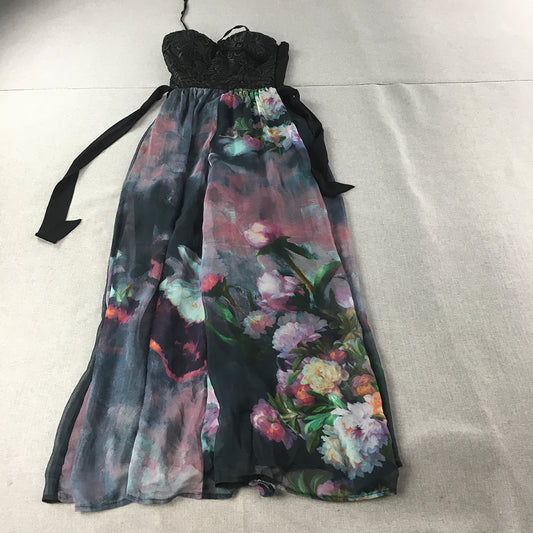 Little Mistress London Womens Evening Gown Size 8 Black Purple Floral Event