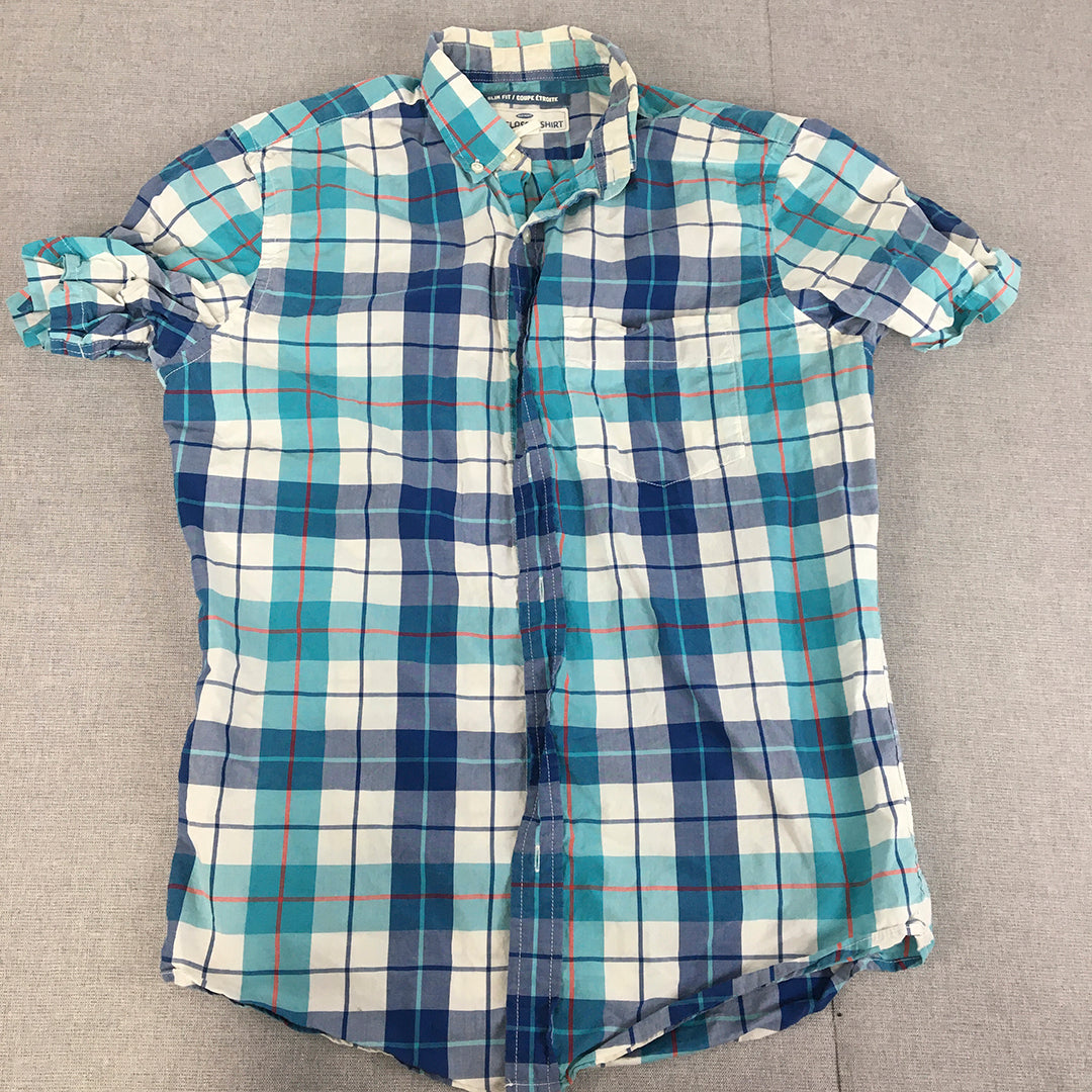 Old Navy Mens Shirt Size S Slim Fit Blue White Checkered Button-Up Collared