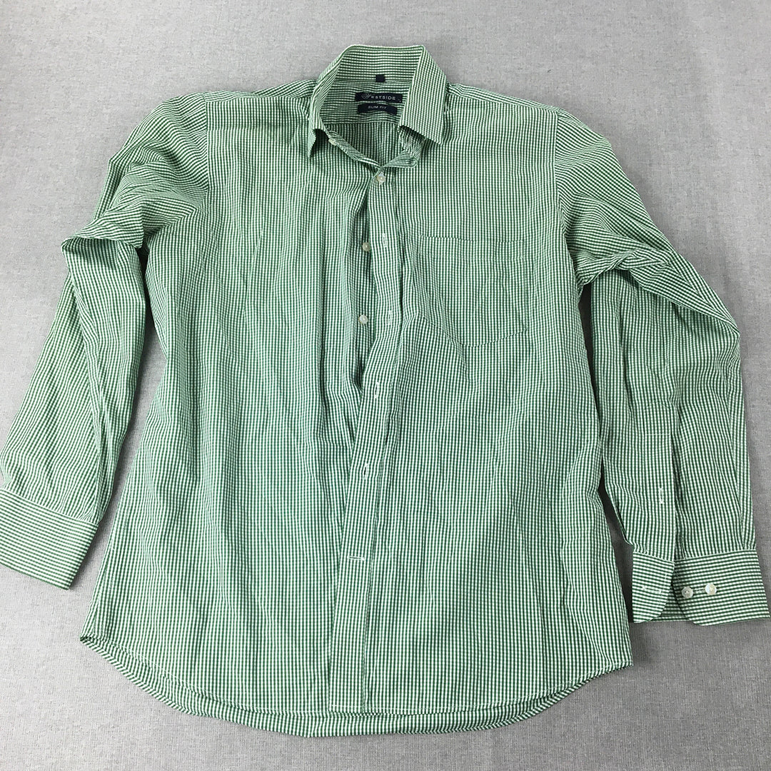 Westside Mens Shirt Size M Slim Fit Green White Checkered Long Sleeve Button-Up