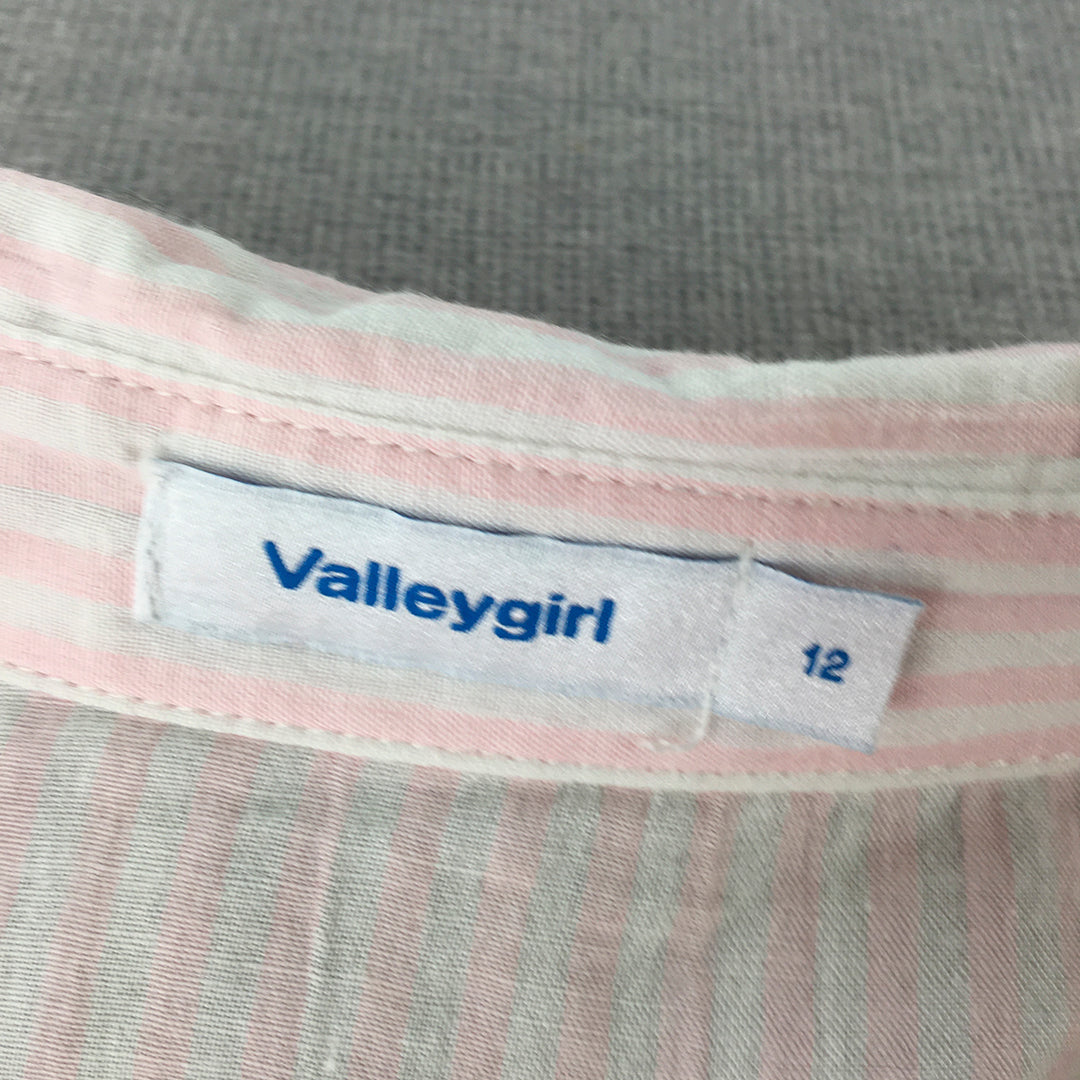 Valleygirl Womens Top Size 12 Pink White Striped Collared Short Sleeve Button-Up