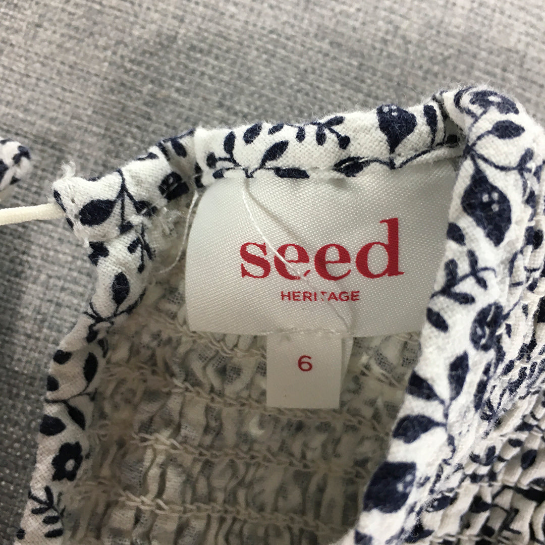 Seed Heritage Kids Girls Dress Size 6 White Blue Floral A-Line Long Sleeve