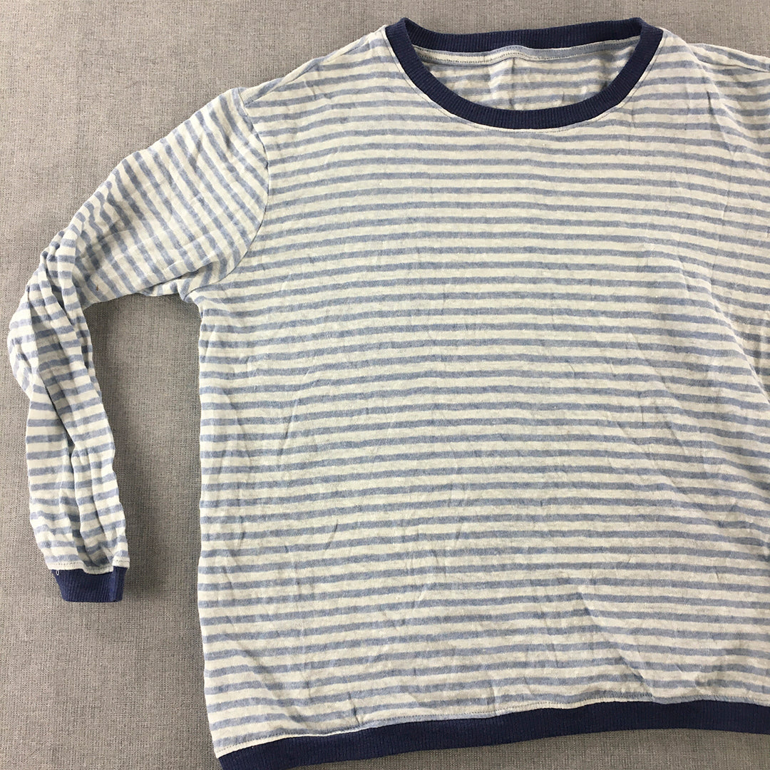 Daf Fo Dil Womens 100% Linen Sweater Size L White Blue Striped Crew Neck Jumper