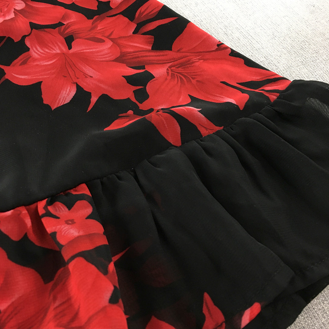 My Girl Womens Dress Size 8 Black Red Floral Fit & Flare Short Sleeve Midi