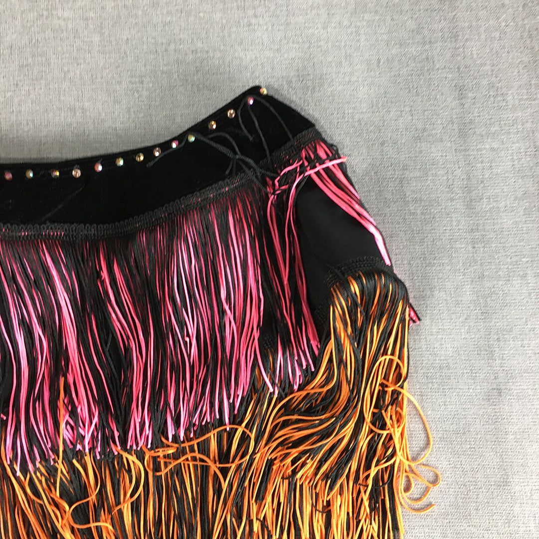 House Of Priscilla Womens Mini Skirt Size 8 Black Pink Orange Tassle Stretch