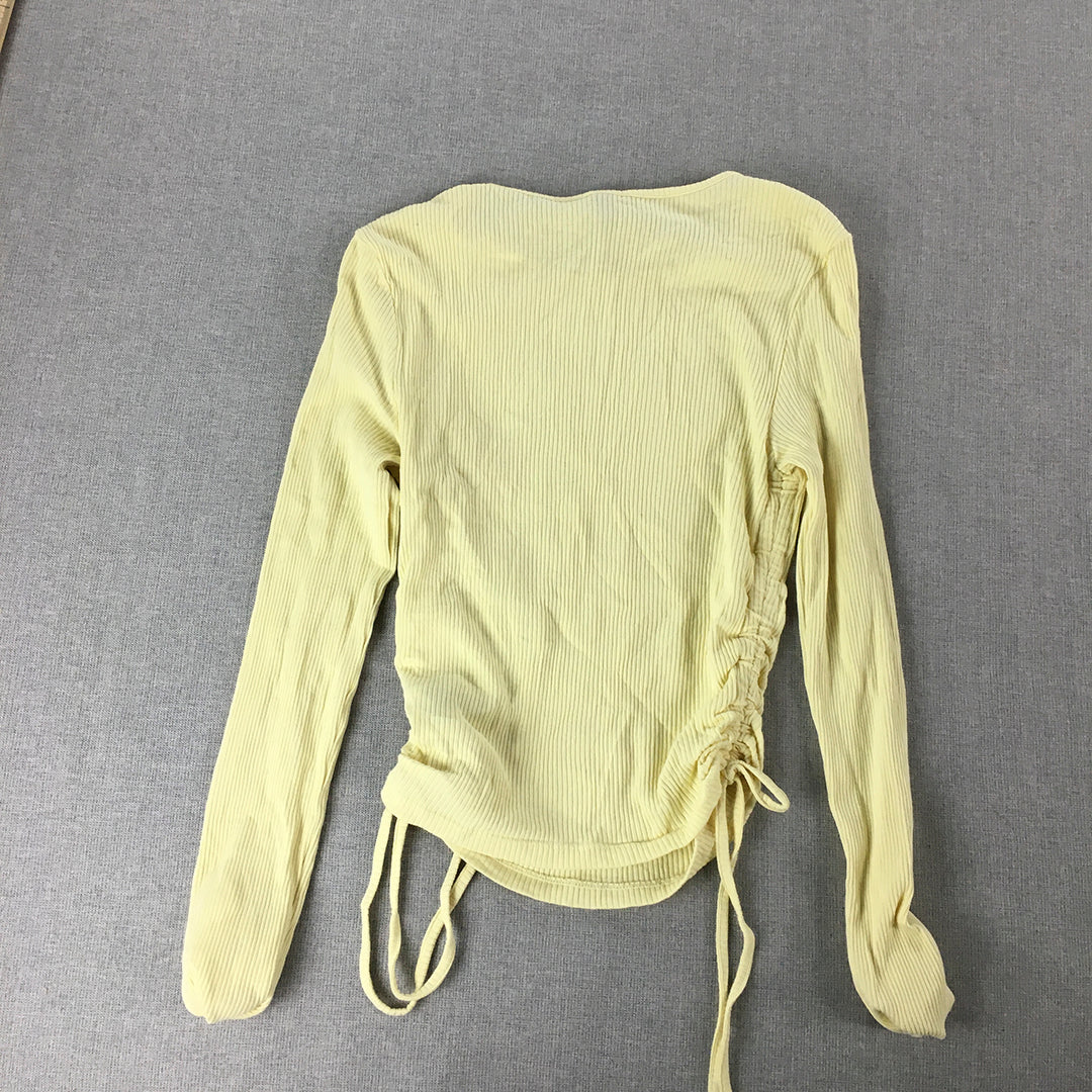 H&M Womens Knit Top Size S Yellow Ruched Stretch Long Sleeve Shirt