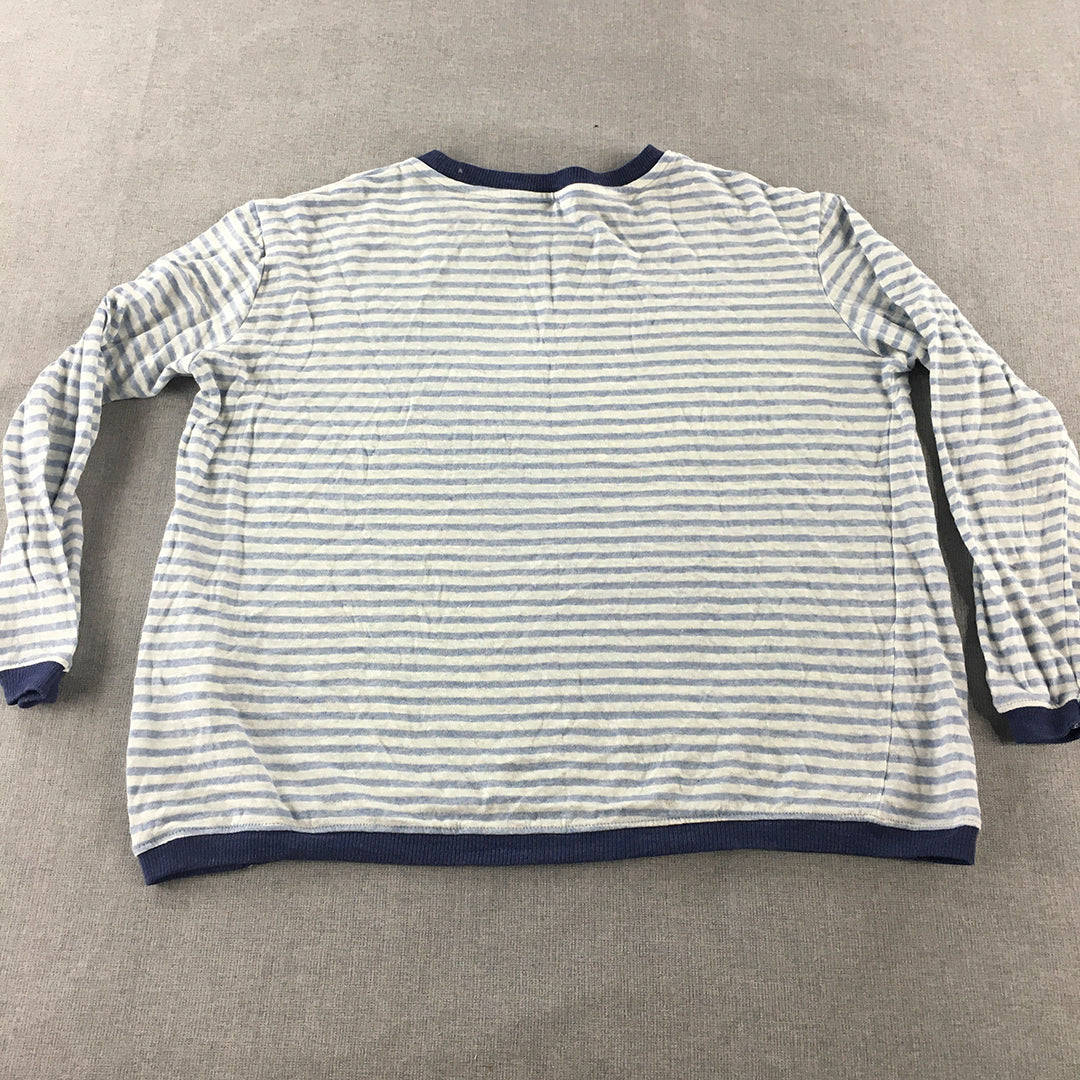 Daf Fo Dil Womens 100% Linen Sweater Size L White Blue Striped Crew Neck Jumper