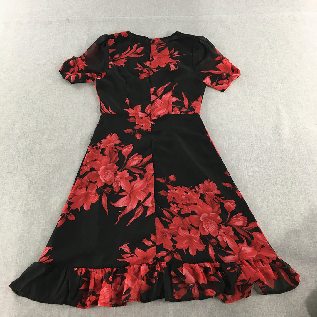 My Girl Womens Dress Size 8 Black Red Floral Fit & Flare Short Sleeve Midi