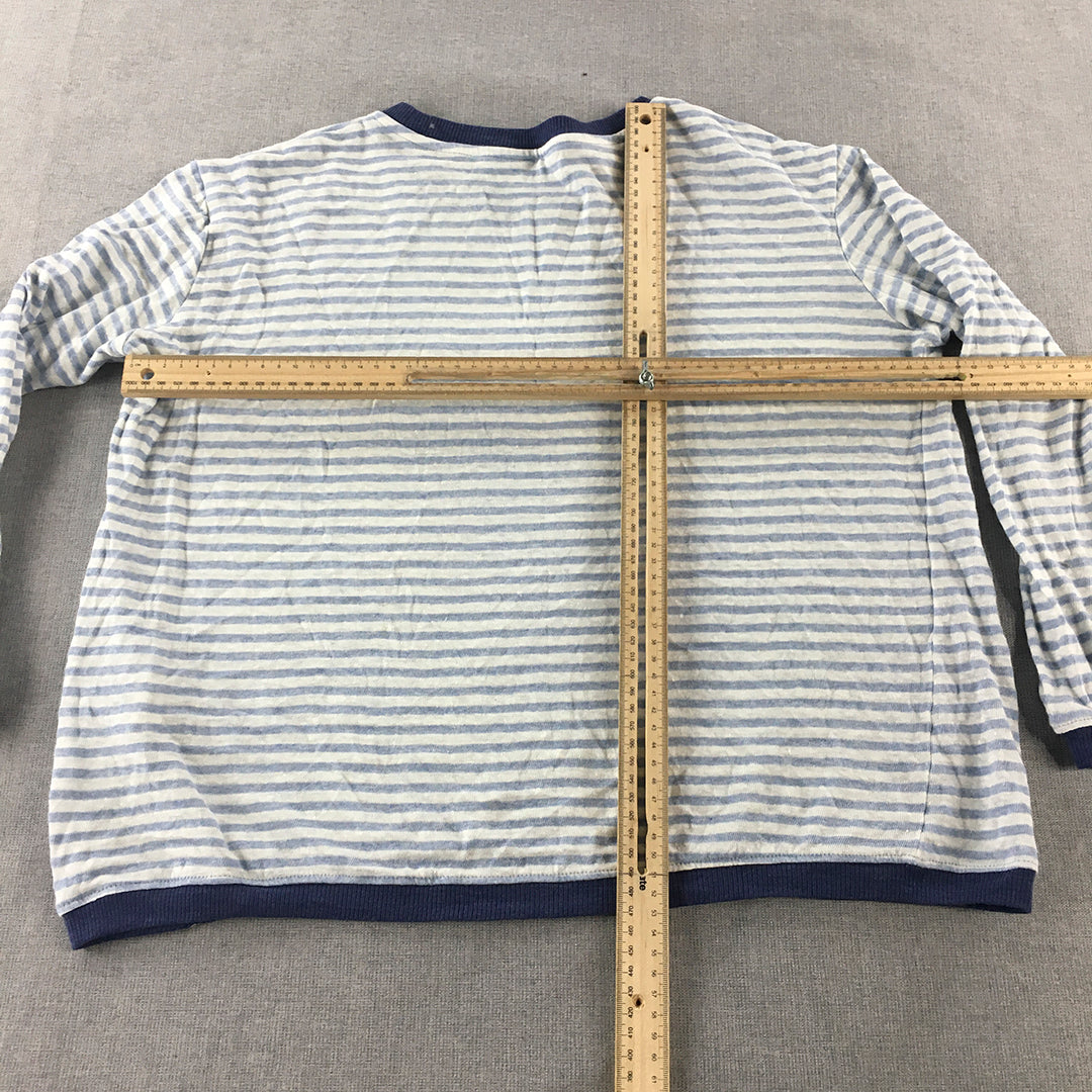 Daf Fo Dil Womens 100% Linen Sweater Size L White Blue Striped Crew Neck Jumper