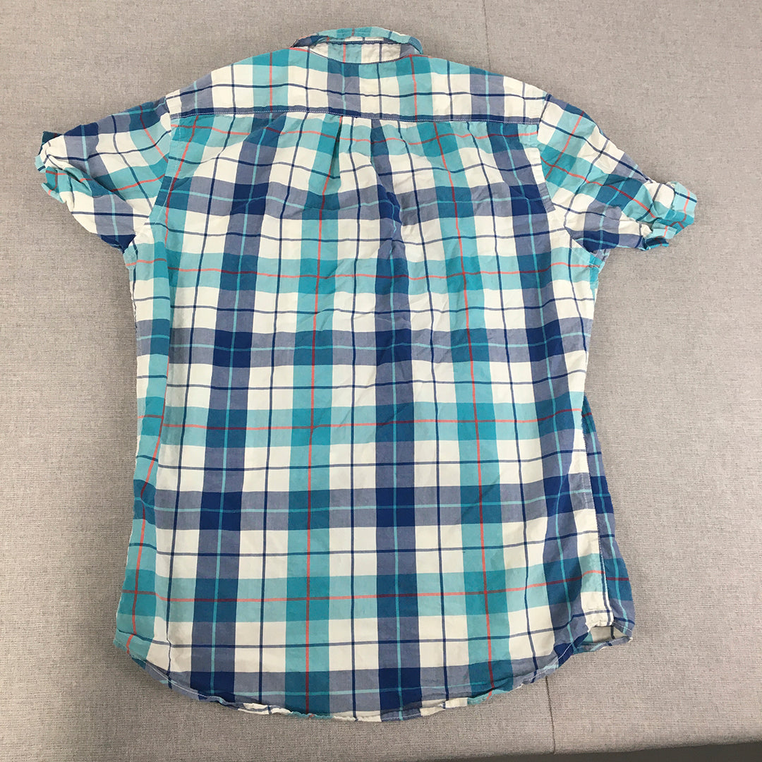 Old Navy Mens Shirt Size S Slim Fit Blue White Checkered Button-Up Collared