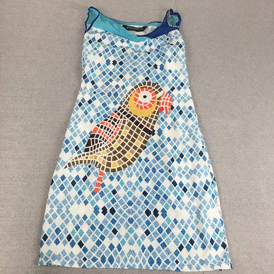 Vasanche Womens Mini Dress Size L Blue Parrot Bird Diamond A-Line Sleeveless