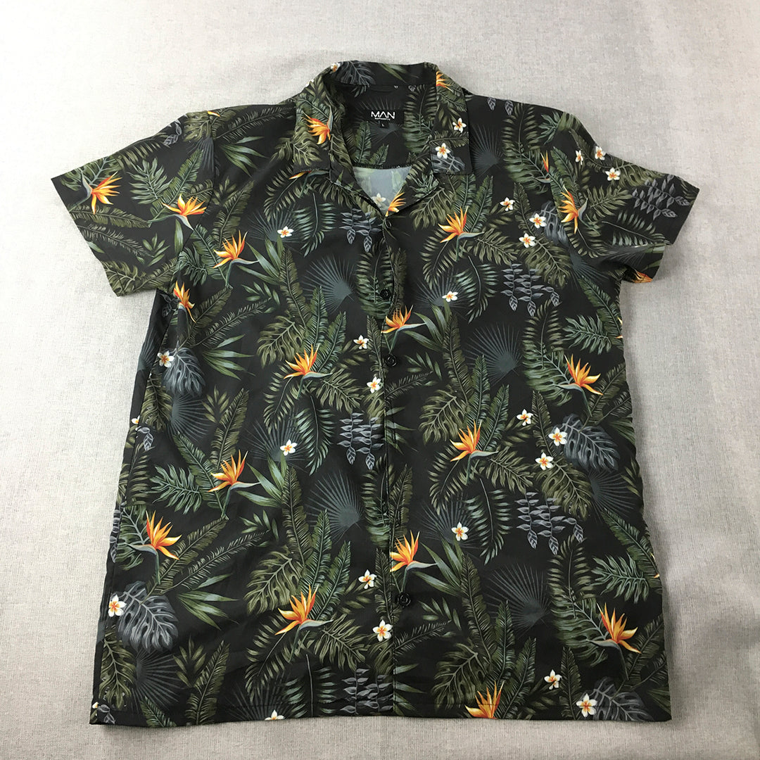 Boohoo Man Hawaiian Shirt Size L Black Green Palm Floral Short Sleeve Button-Up