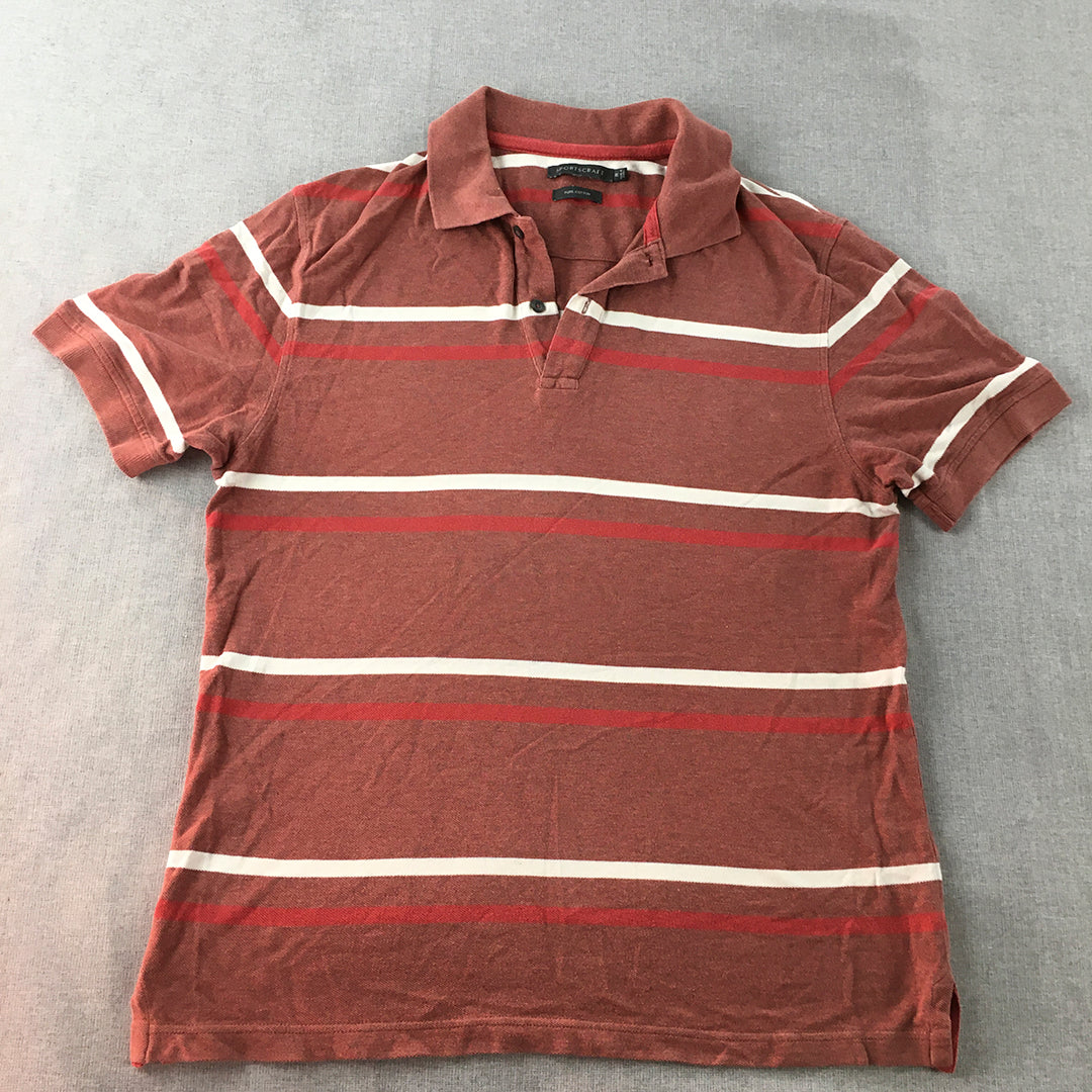 Sportscraft Mens Polo Shirt Size M Rust Red Striped Collared Rugby