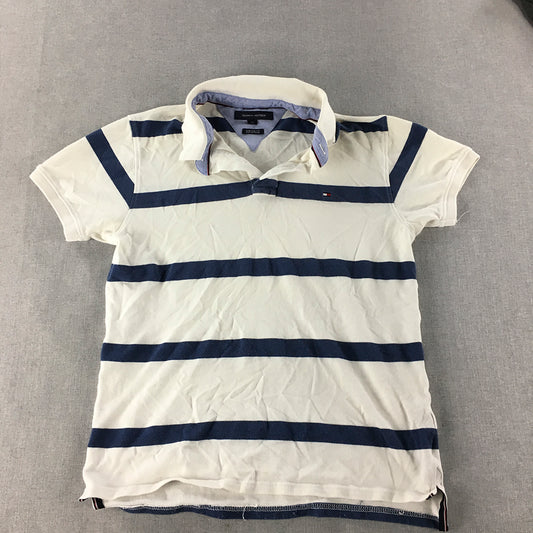 Tommy Hilfiger Womens Polo Shirt Size L White Blue Striped Collared Logo Rugby